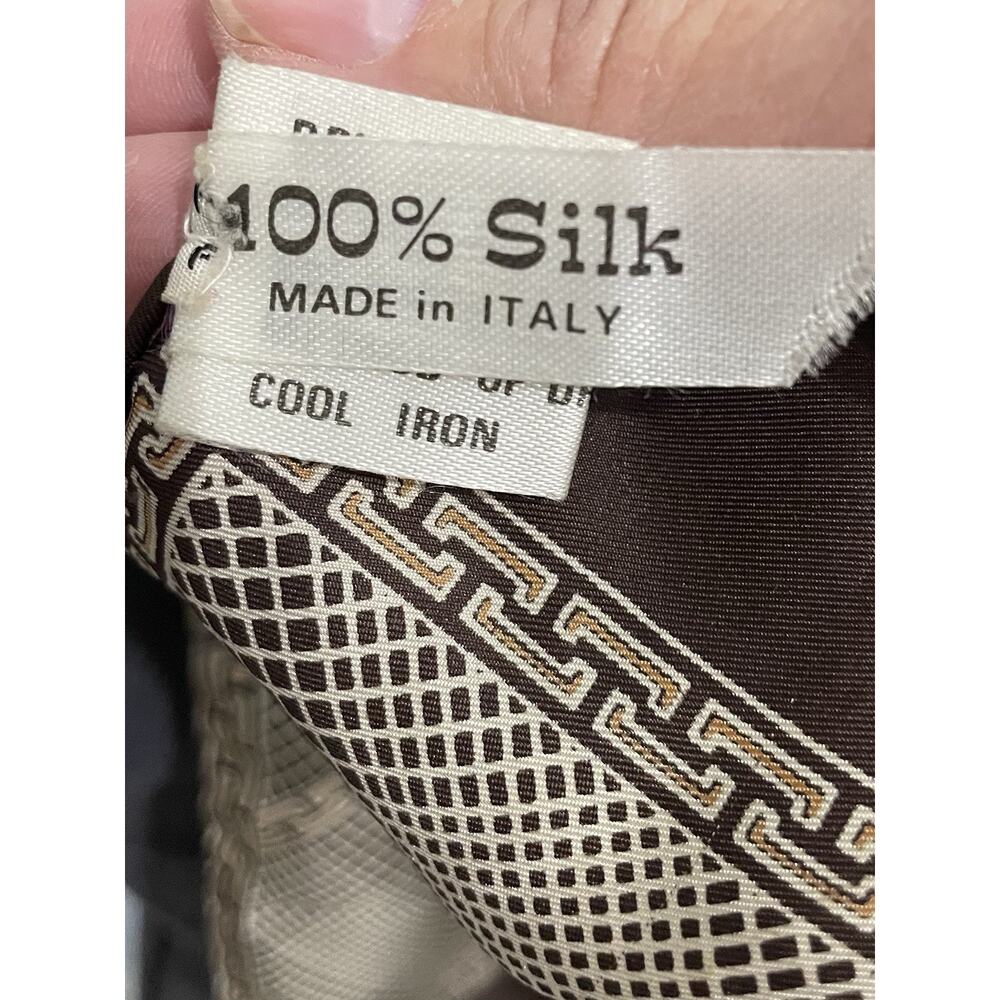 Vintage Silk Scarf 54” x 11” Made in Italy Brown Hand Rolled Plaid Boho Travel - Picture 4 of 8